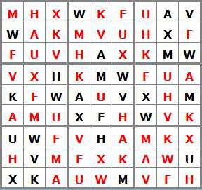 jeux N°11 - 3 sol sudoku lettres E328112-AFHKMUVWX - niveau difficile